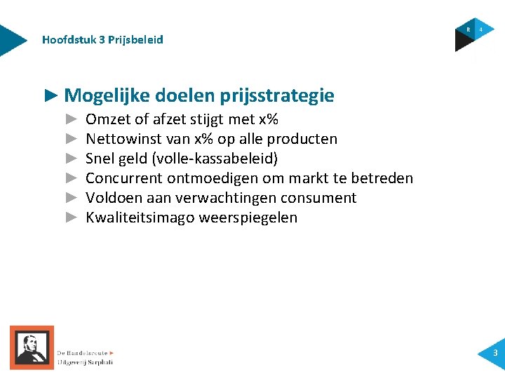 Hoofdstuk 3 Prijsbeleid ► Mogelijke doelen prijsstrategie ► ► ► Omzet of afzet stijgt