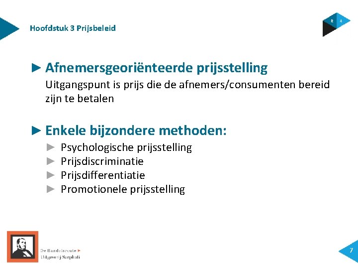 Hoofdstuk 3 Prijsbeleid ► Afnemersgeoriënteerde prijsstelling Uitgangspunt is prijs die de afnemers/consumenten bereid zijn