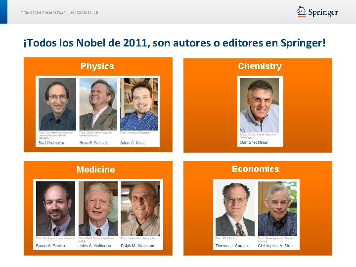 Title of the Presentation | 10/25/2021 | 6 ¡Todos los Nobel de 2011, son