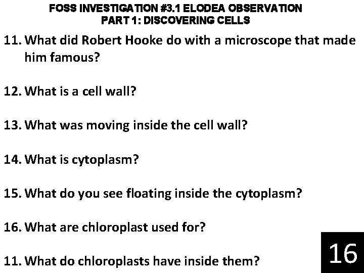 FOSS INVESTIGATION #3. 1 ELODEA OBSERVATION PART 1: DISCOVERING CELLS 11. What did Robert