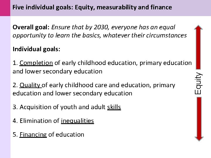 Five individual goals: Equity, measurability and finance Overall goal: Ensure that by 2030, everyone