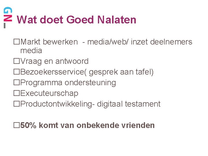 Wat doet Goed Nalaten �Markt bewerken - media/web/ inzet deelnemers media �Vraag en antwoord