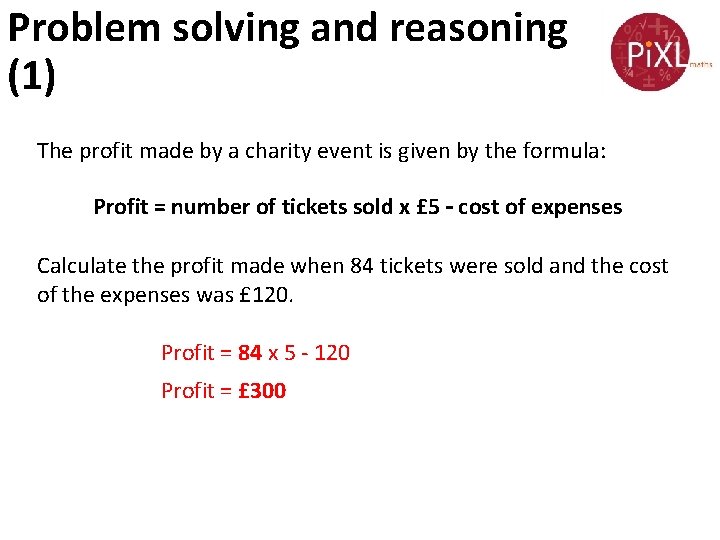 Problem solving and reasoning (1) The profit made by a charity event is given