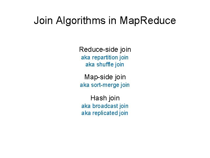 Join Algorithms in Map. Reduce-side join aka repartition join aka shuffle join Map-side join