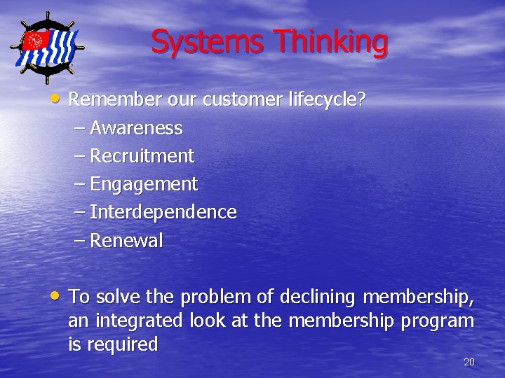 Systems Thinking • Remember our customer lifecycle? – Awareness – Recruitment – Engagement –