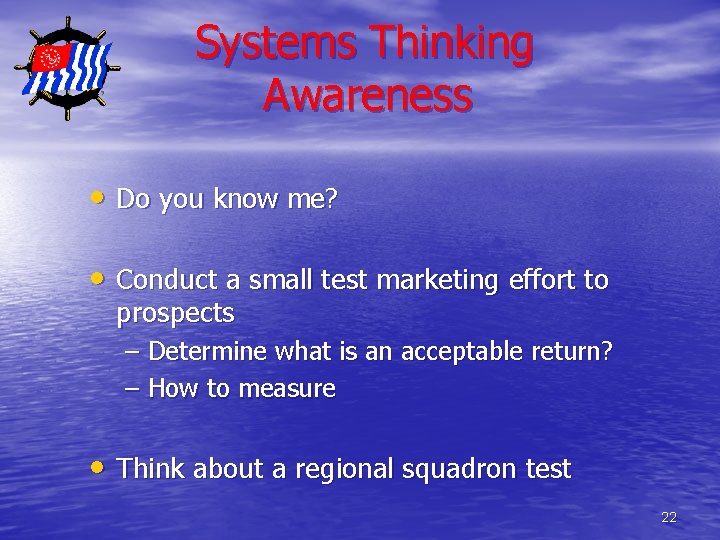 Systems Thinking Awareness • Do you know me? • Conduct a small test marketing