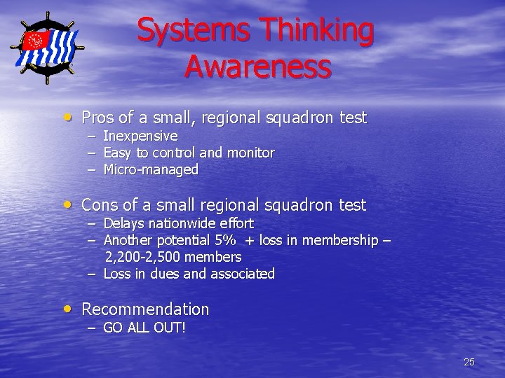 Systems Thinking Awareness • Pros of a small, regional squadron test – Inexpensive –