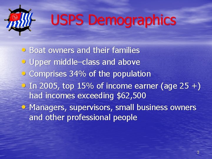 USPS Demographics • Boat owners and their families • Upper middle–class and above •