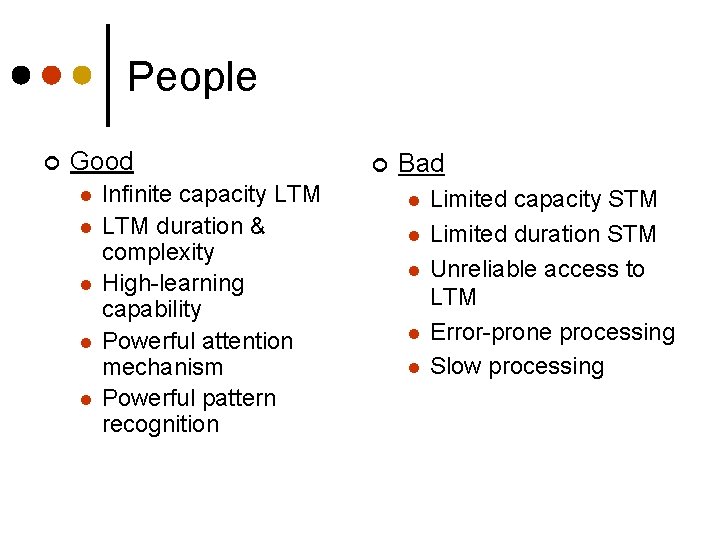 People ¢ Good l l l Infinite capacity LTM duration & complexity High-learning capability