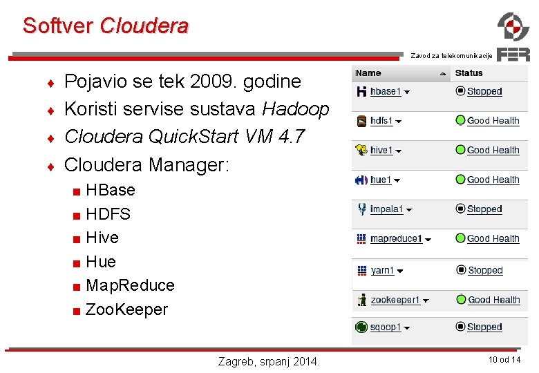 Softver Cloudera Zavod za telekomunikacije ¨ ¨ Pojavio se tek 2009. godine Koristi servise