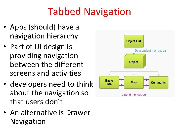 Tabbed Navigation • Apps (should) have a navigation hierarchy • Part of UI design