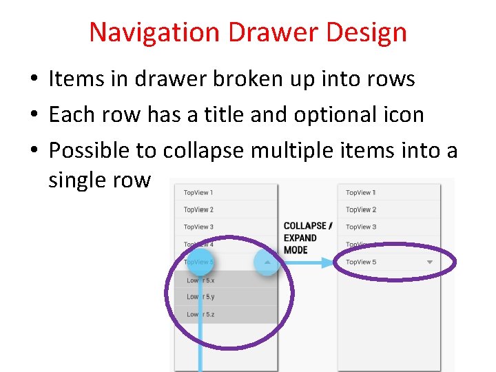 Navigation Drawer Design • Items in drawer broken up into rows • Each row