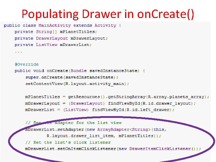Populating Drawer in on. Create() 