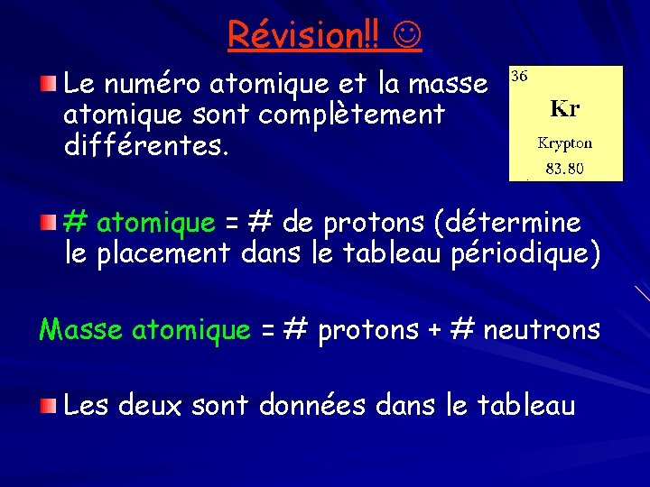 Révision!! Le numéro atomique et la masse atomique sont complètement différentes. # atomique =