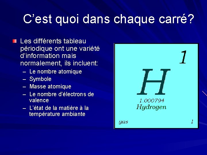 C’est quoi dans chaque carré? Les différents tableau périodique ont une variété d’information mais