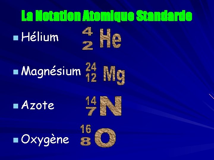 La Notation Atomique Standarde n Hélium n Magnésium n Azote n Oxygène 