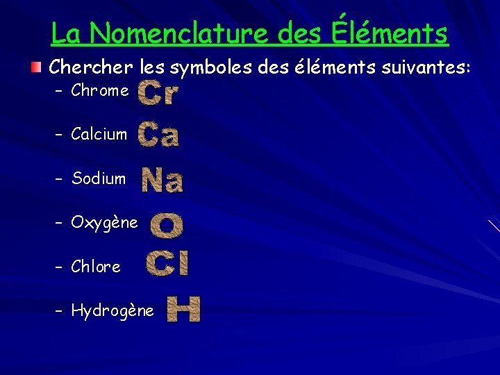 La Nomenclature des Éléments Chercher les symboles des éléments suivantes: – Chrome – Calcium