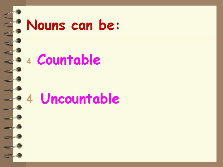 Nouns can be: 4 Countable 4 Uncountable Nouns can be: 4 Countable 4 Uncountable