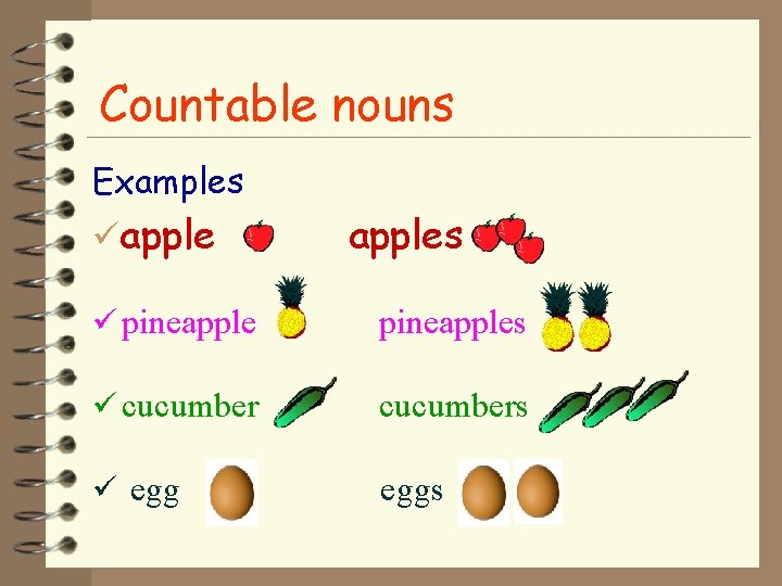 Countable nouns Examples apples pineapples cucumbers eggs 