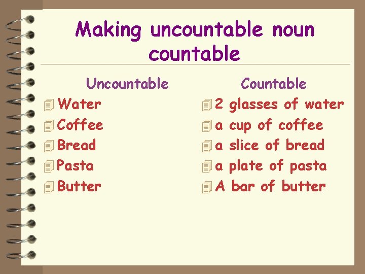 Making uncountable noun countable Uncountable 4 Water 4 Coffee 4 Bread 4 Pasta 4 Making uncountable noun countable Uncountable 4 Water 4 Coffee 4 Bread 4 Pasta 4