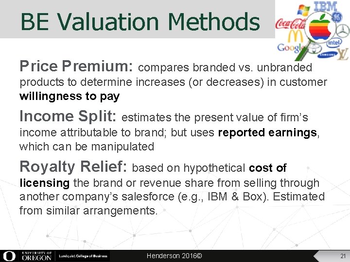 BE Valuation Methods Price Premium: compares branded vs. unbranded products to determine increases (or