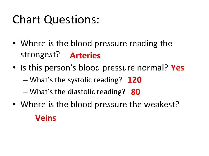Chart Questions: • Where is the blood pressure reading the strongest? Arteries • Is