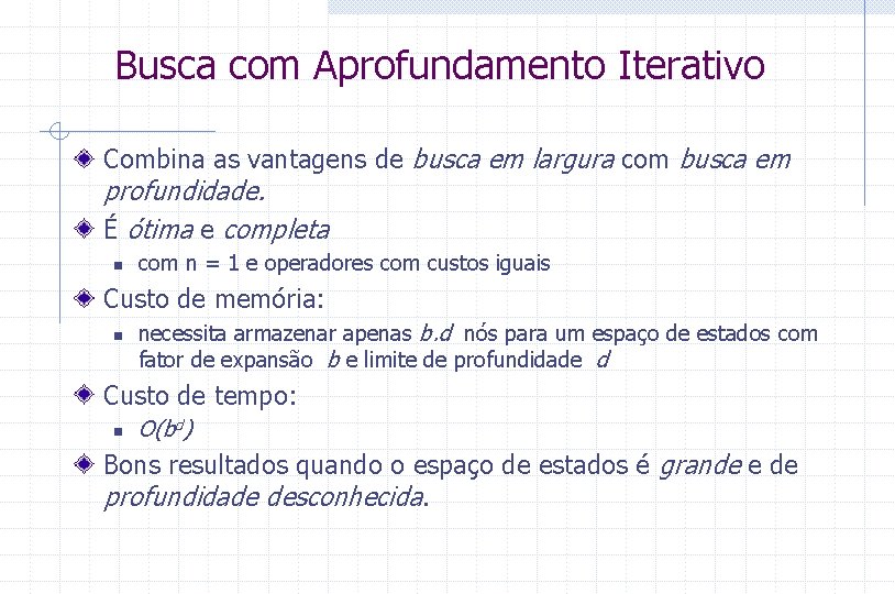 Busca com Aprofundamento Iterativo Combina as vantagens de busca em largura com busca em