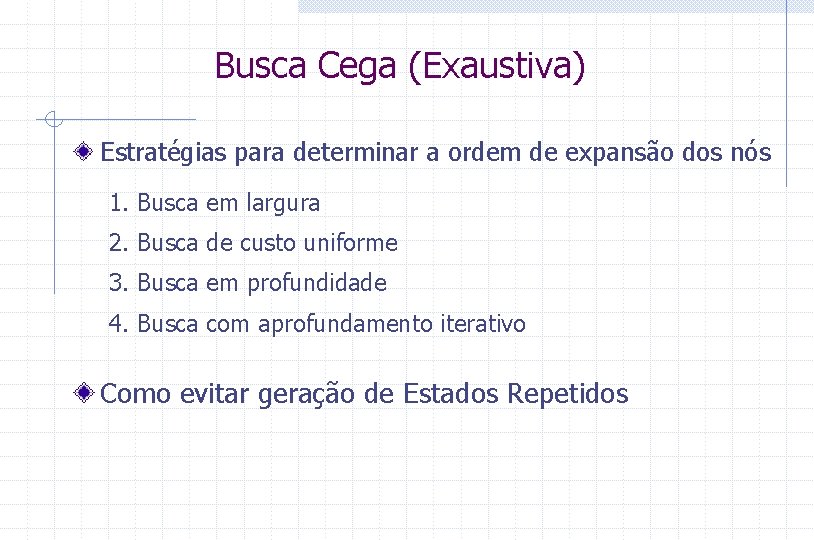 Busca Cega (Exaustiva) Estratégias para determinar a ordem de expansão dos nós 1. Busca