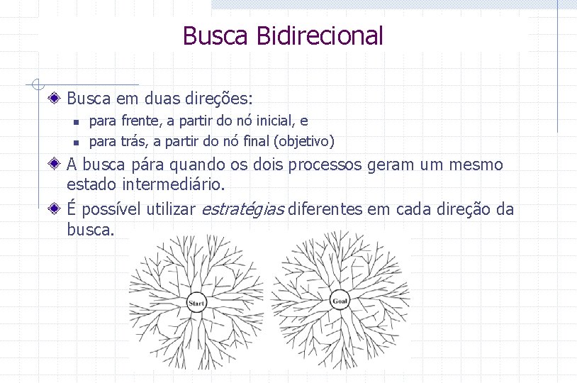 Busca Bidirecional Busca em duas direções: n n para frente, a partir do nó