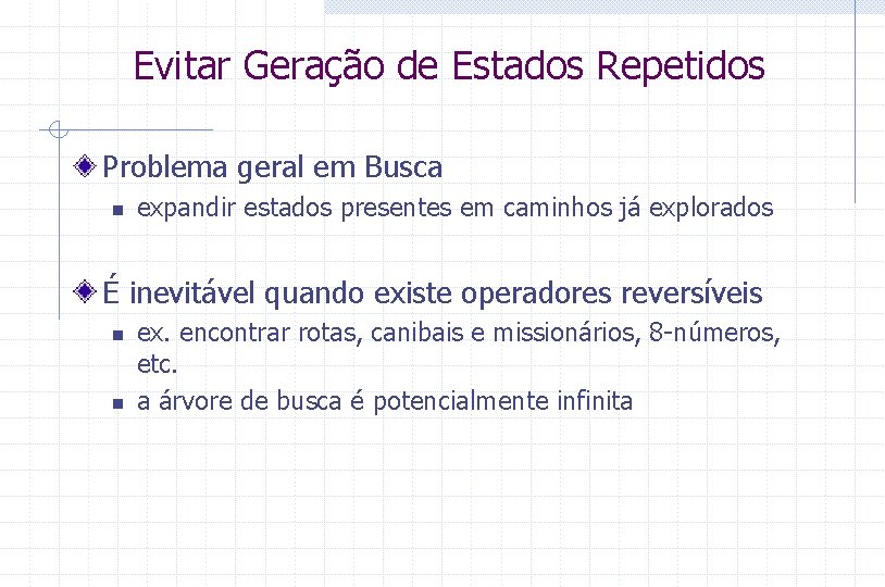 Evitar Geração de Estados Repetidos Problema geral em Busca n expandir estados presentes em