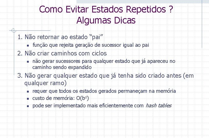 Como Evitar Estados Repetidos ? Algumas Dicas 1. Não retornar ao estado “pai” n