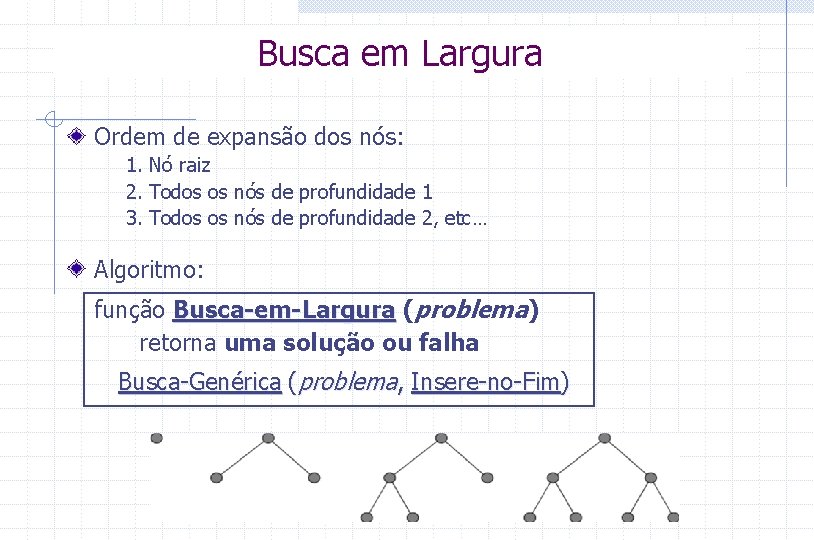 Busca em Largura Ordem de expansão dos nós: 1. Nó raiz 2. Todos os