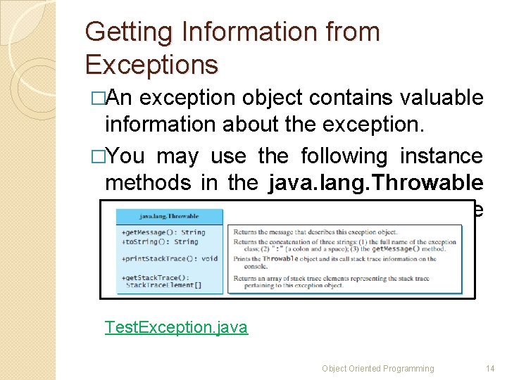 Getting Information from Exceptions �An exception object contains valuable information about the exception. �You