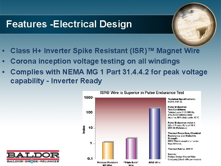 Features -Electrical Design • Class H+ Inverter Spike Resistant (ISR)™ Magnet Wire • Corona