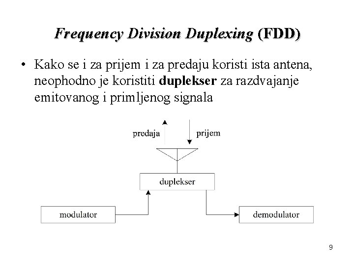 Frequency Division Duplexing (FDD) • Kako se i za prijem i za predaju koristi