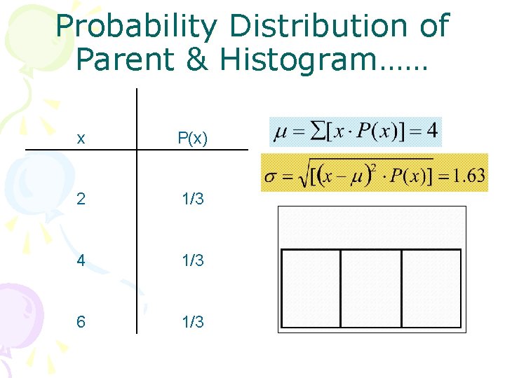 Probability Distribution of Parent & Histogram…… x P(x) 2 1/3 4 1/3 6 1/3