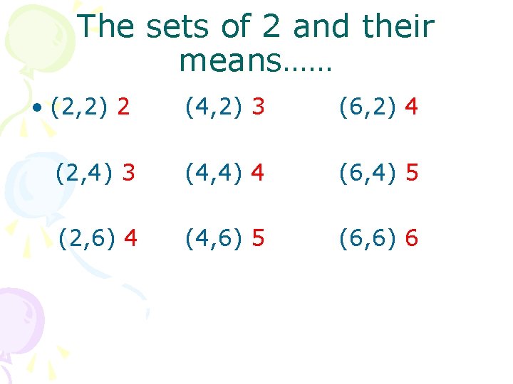 The sets of 2 and their means…… • (2, 2) 2 (4, 2) 3