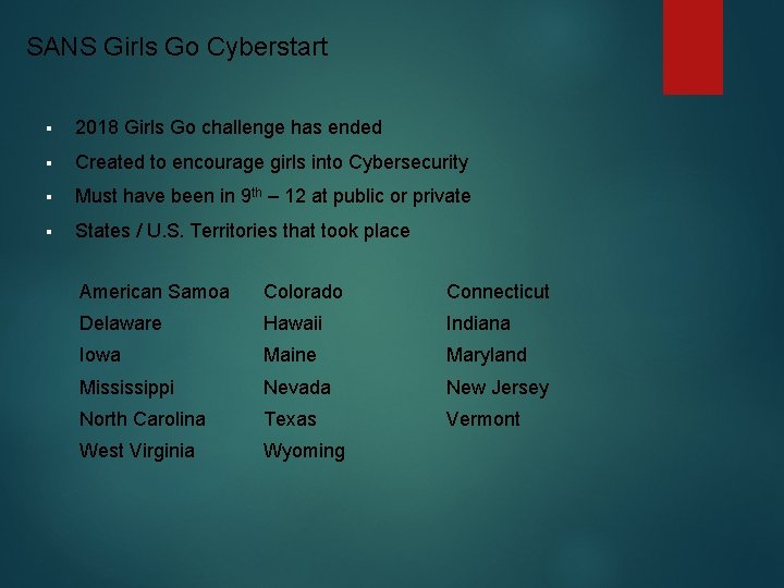 SANS Girls Go Cyberstart § 2018 Girls Go challenge has ended § Created to