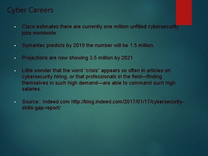 Cyber Careers • Cisco estimates there are currently one million unfilled cybersecurity jobs worldwide