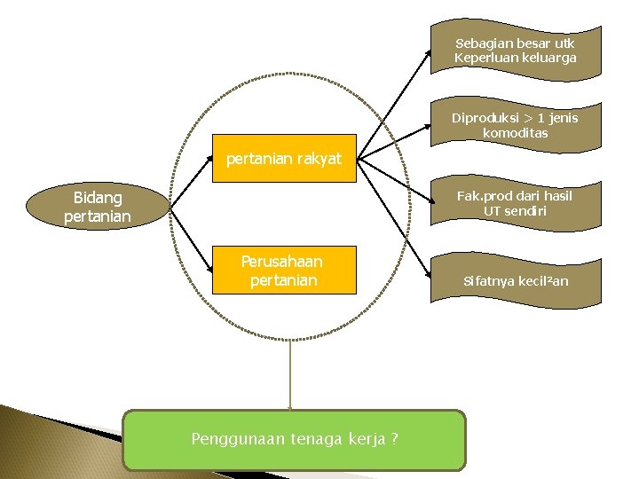 Sebagian besar utk Keperluan keluarga Diproduksi > 1 jenis komoditas pertanian rakyat Bidang pertanian