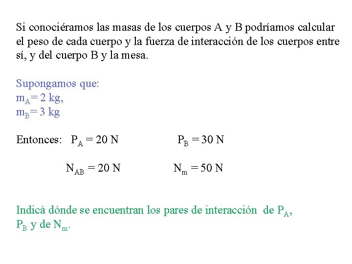 Si conociéramos las masas de los cuerpos A y B podríamos calcular el peso