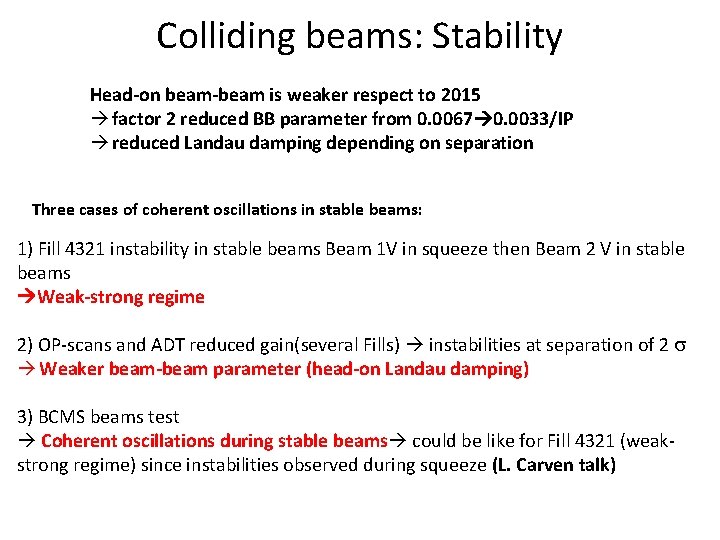 Colliding beams: Stability Head-on beam-beam is weaker respect to 2015 factor 2 reduced BB