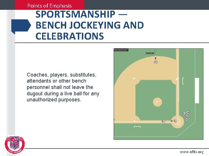 Points of Emphasis SPORTSMANSHIP — BENCH JOCKEYING AND CELEBRATIONS Coaches, players, substitutes, attendants or