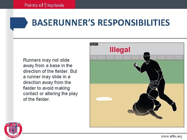Points of Emphasis BASERUNNER’S RESPONSIBILITIES Illegal Runners may not slide away from a base