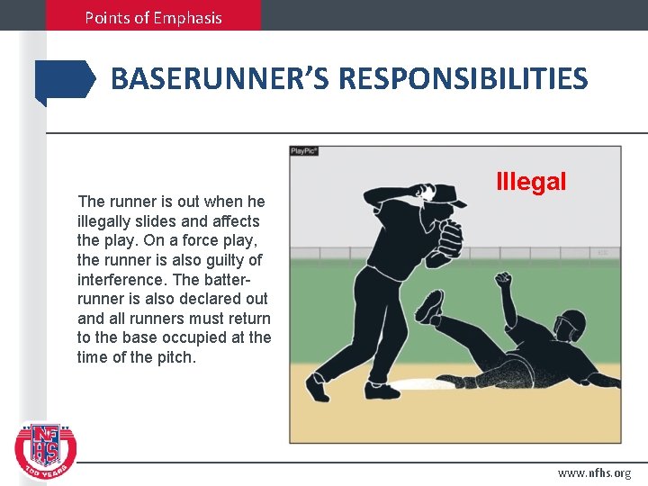 Points of Emphasis BASERUNNER’S RESPONSIBILITIES The runner is out when he illegally slides and