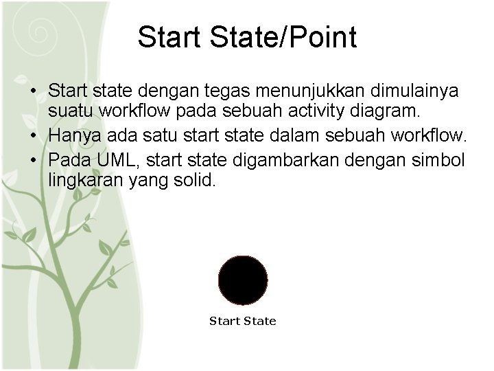 Start State/Point • Start state dengan tegas menunjukkan dimulainya suatu workflow pada sebuah activity Start State/Point • Start state dengan tegas menunjukkan dimulainya suatu workflow pada sebuah activity