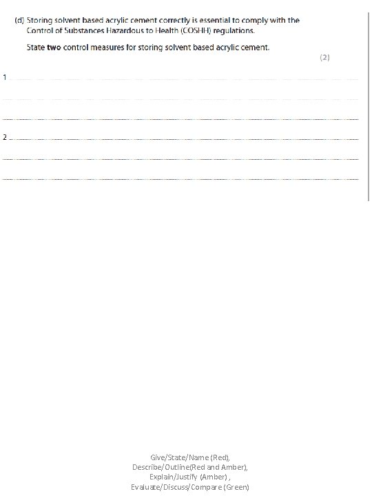Give/State/Name (Red), Describe/Outline(Red and Amber), Explain/Justify (Amber) , Evaluate/Discuss/Compare (Green) 