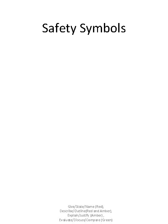 Safety Symbols Give/State/Name (Red), Describe/Outline(Red and Amber), Explain/Justify (Amber) , Evaluate/Discuss/Compare (Green) 