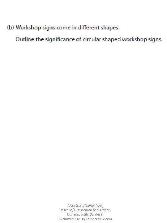 Give/State/Name (Red), Describe/Outline(Red and Amber), Explain/Justify (Amber) , Evaluate/Discuss/Compare (Green) 