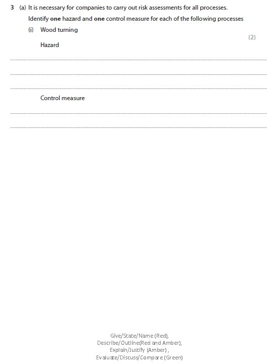 Give/State/Name (Red), Describe/Outline(Red and Amber), Explain/Justify (Amber) , Evaluate/Discuss/Compare (Green) 